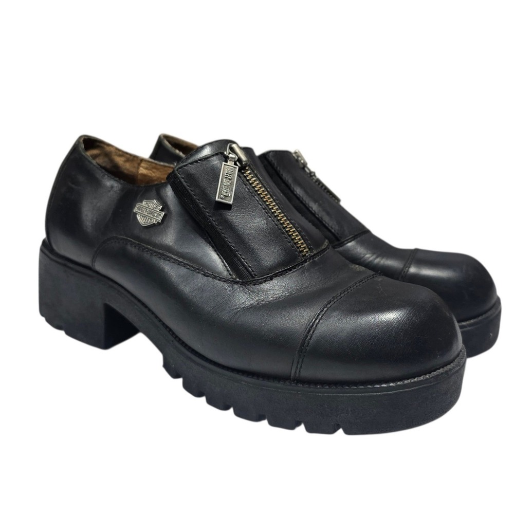 Harley Davidson Shoes Women 9.5 Black Leather Front Zip Platform Chunky Biker